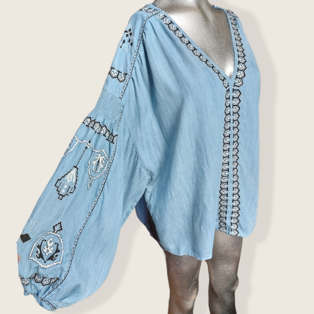 Light Blue Embroidered V-Neck Women's Top - Picture 6 of 13
